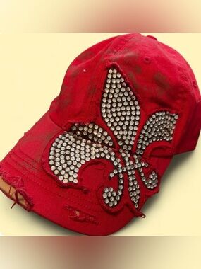 Leader Rhinestone Fleur De Lis Distressed Trucker Hat | Y2K Bling Red Cap